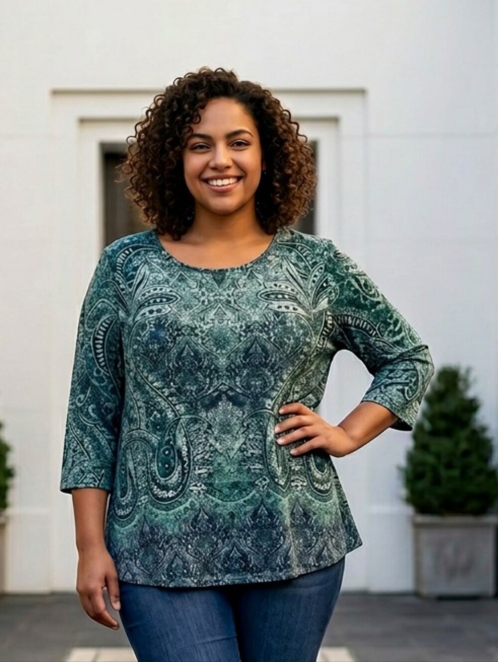 Kim Rogers Teal Paisley Lightweight Knit Sweater Pullover 1X Comfort Workwear